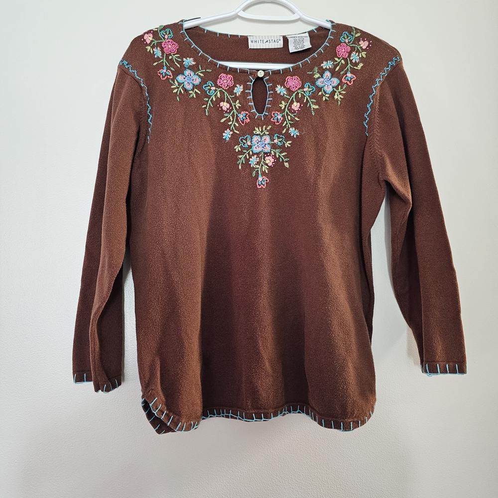 White Stag Brown Sweater Floral Embroidery Boho Whimsical 90s Y2K Medium Cotton